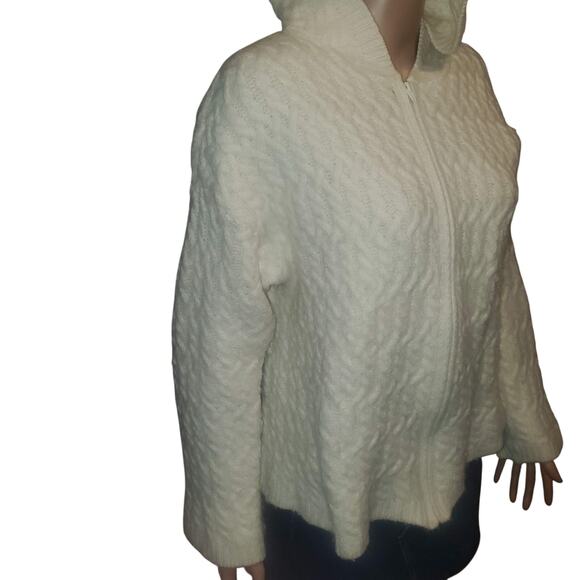 Aran Crafts Ireland Size L Handmade Fisherman Zip Up Hooded Ivory Sweater Cardi - Picture 4 of 13